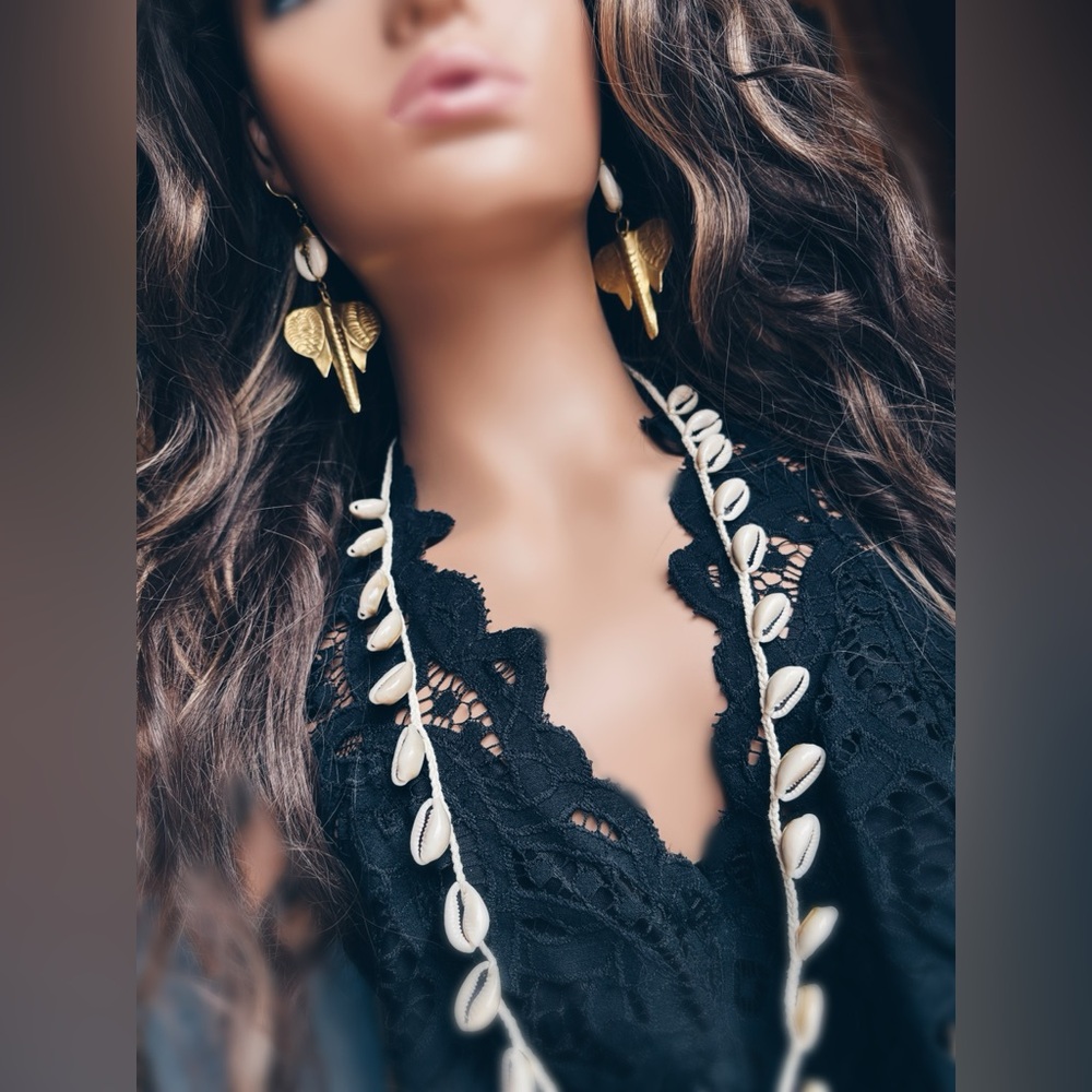 OOAK Artisan Made Cowrie Shell&Elephant Set | Macramé&Brass Necklace